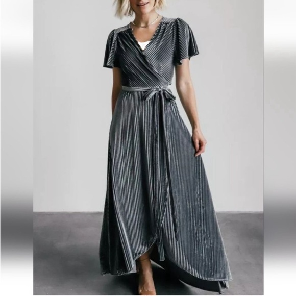 Baltic Born Dresses & Skirts - Baltic Born Andi Ribbed Gray Velvet True Wrap Maxi Dress Women’s Size XL